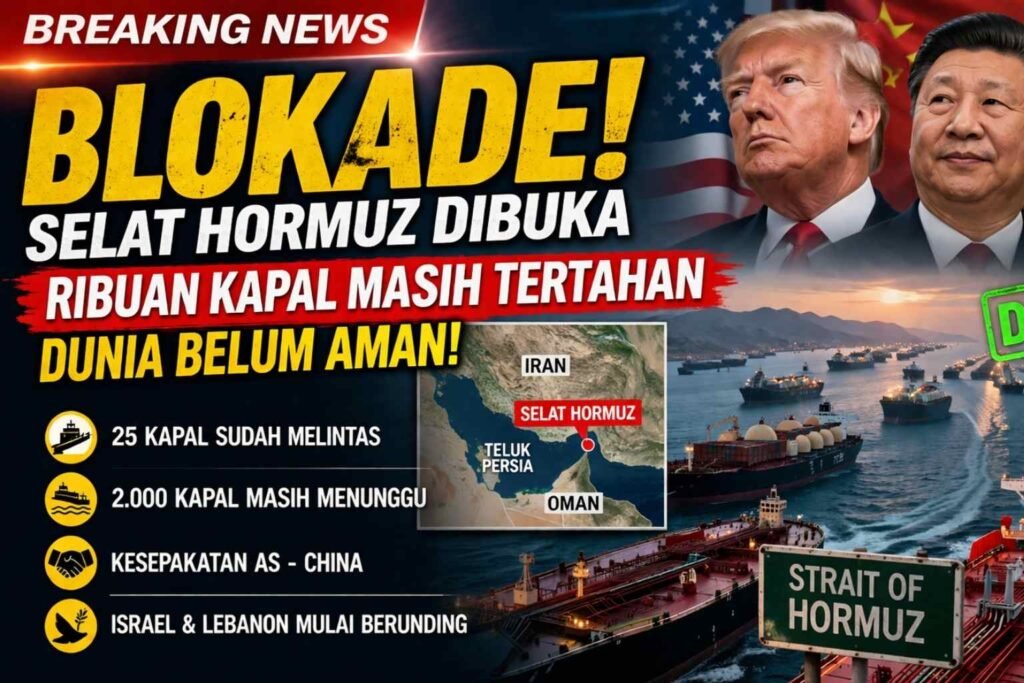 Ilustrasi kondisi Selat Hormuz yang kembali dibuka setelah gangguan pelayaran, menampilkan antrean kapal tanker dalam jumlah besar di jalur laut utama, mencerminkan masih tertahannya ribuan kapal meski aktivitas distribusi energi global mulai berjalan kembali.