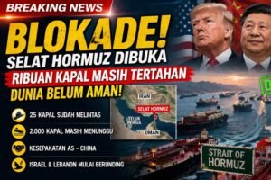 Ilustrasi kondisi Selat Hormuz yang kembali dibuka setelah gangguan pelayaran, menampilkan antrean kapal tanker dalam jumlah besar di jalur laut utama, mencerminkan masih tertahannya ribuan kapal meski aktivitas distribusi energi global mulai berjalan kembali.