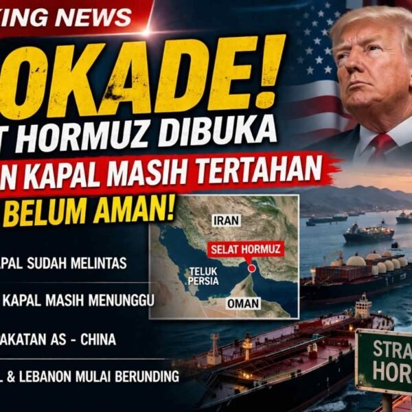 Ilustrasi kondisi Selat Hormuz yang kembali dibuka setelah gangguan pelayaran, menampilkan antrean kapal tanker dalam jumlah besar di jalur laut utama, mencerminkan masih tertahannya ribuan kapal meski aktivitas distribusi energi global mulai berjalan kembali.