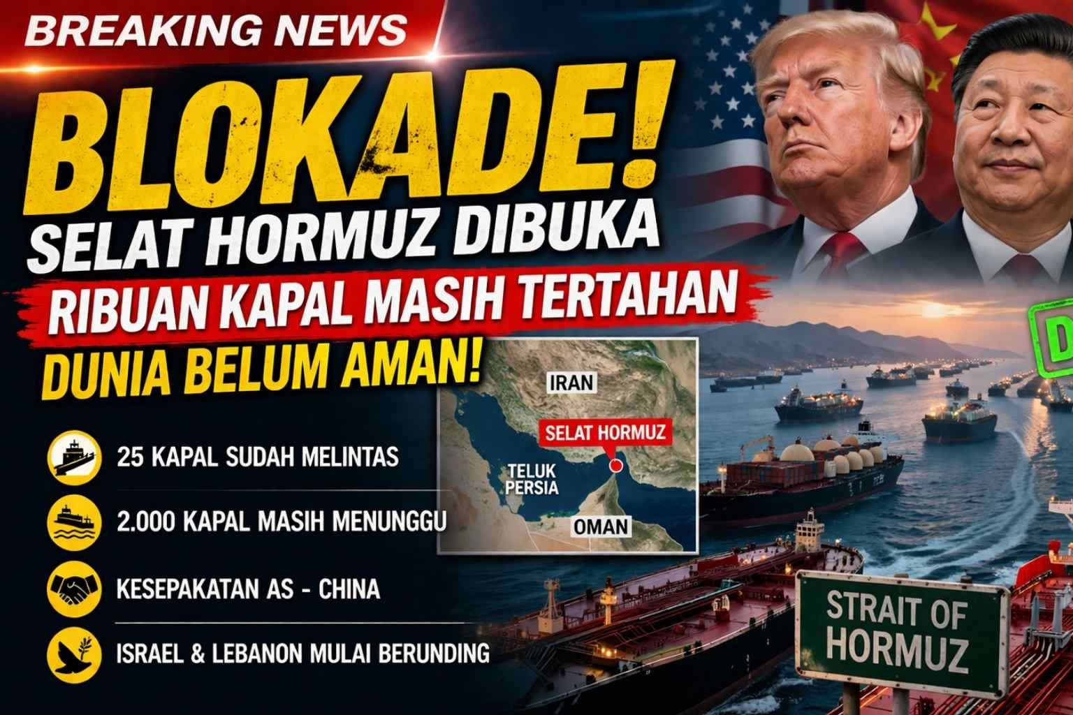 Ilustrasi kondisi Selat Hormuz yang kembali dibuka setelah gangguan pelayaran, menampilkan antrean kapal tanker dalam jumlah besar di jalur laut utama, mencerminkan masih tertahannya ribuan kapal meski aktivitas distribusi energi global mulai berjalan kembali.