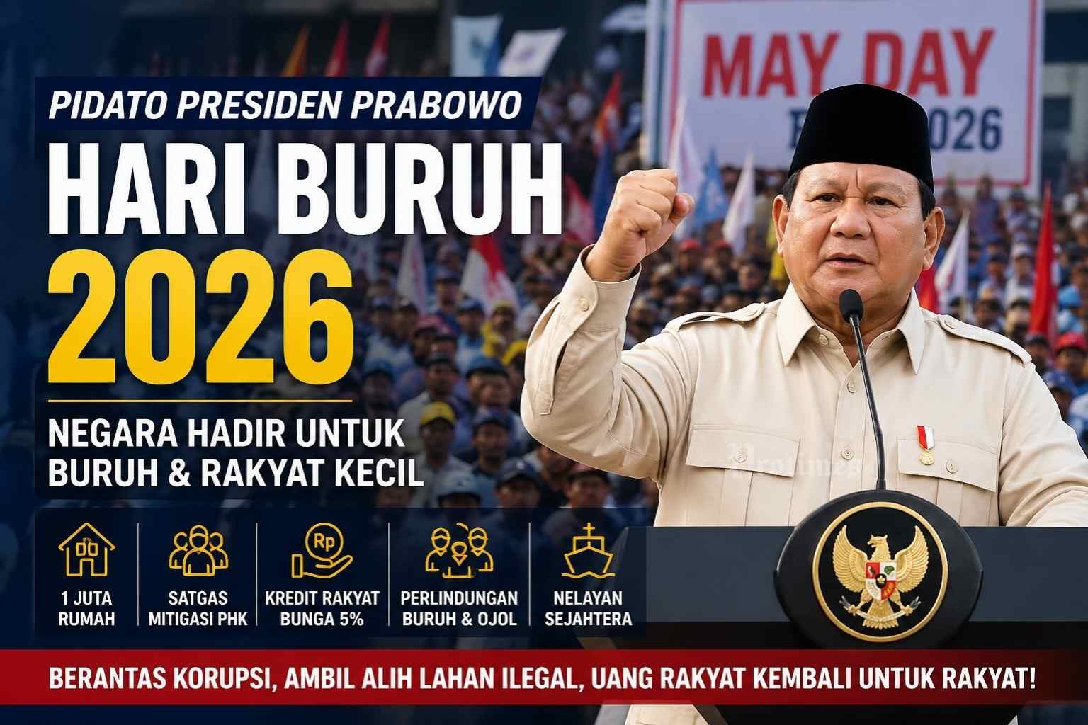 Prabowo Janji Bersih-bersih Lahan Ilegal hingga Rumah Gratis, Pidato May Day 2026 Picu Sorotan
