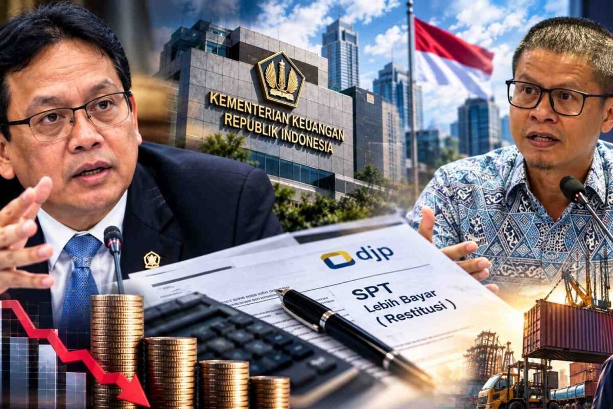 Purbaya Yudhi Sadewa dan Ajib Hamdani dalam pembahasan isu restitusi pajak, penurunan pencairan, serta dampaknya terhadap arus kas dan dunia usaha di Indonesia.