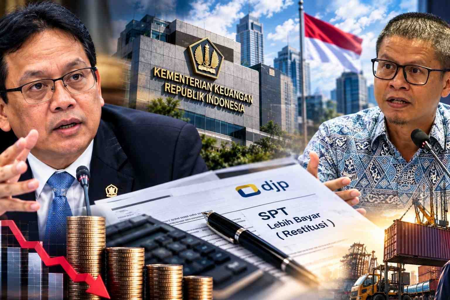Purbaya Yudhi Sadewa dan Ajib Hamdani dalam pembahasan isu restitusi pajak, penurunan pencairan, serta dampaknya terhadap arus kas dan dunia usaha di Indonesia.