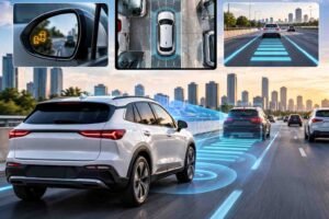 Mobil SUV modern dengan teknologi ADAS, kamera 360 derajat, blind spot monitoring, dan adaptive cruise control saat melaju di jalan perkotaan.