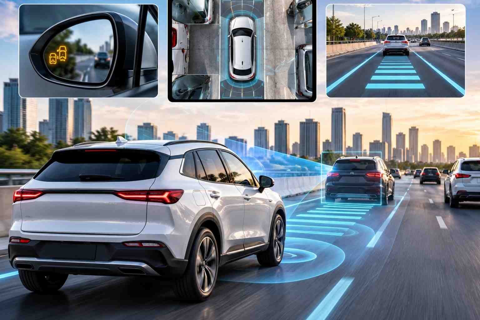 Mobil SUV modern dengan teknologi ADAS, kamera 360 derajat, blind spot monitoring, dan adaptive cruise control saat melaju di jalan perkotaan.