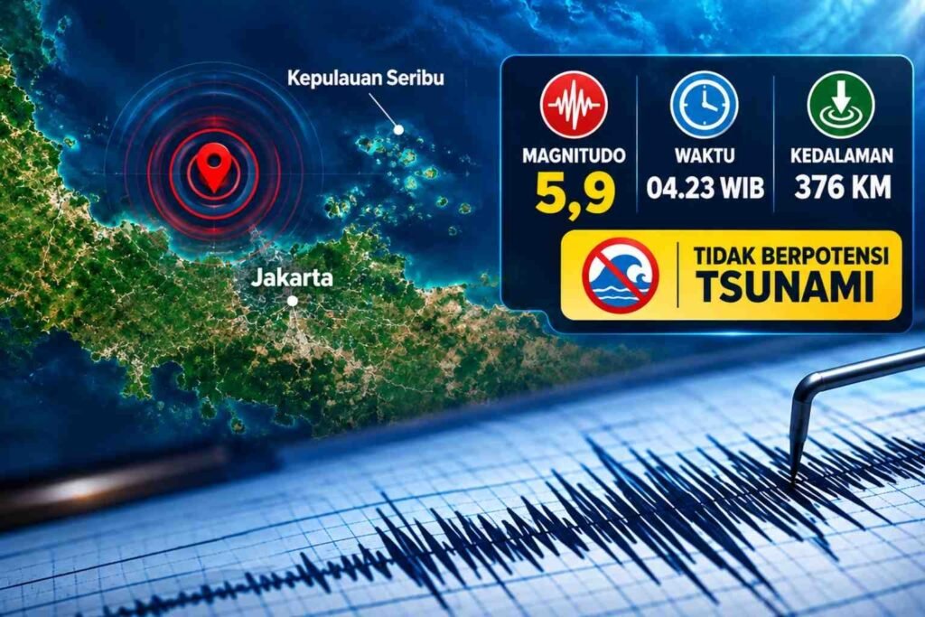 Gempa M5,9 mengguncang Kepulauan Seribu pada Sabtu pukul 04.23 WIB dengan kedalaman 376 km dan tidak berpotensi tsunami menurut BMKG.