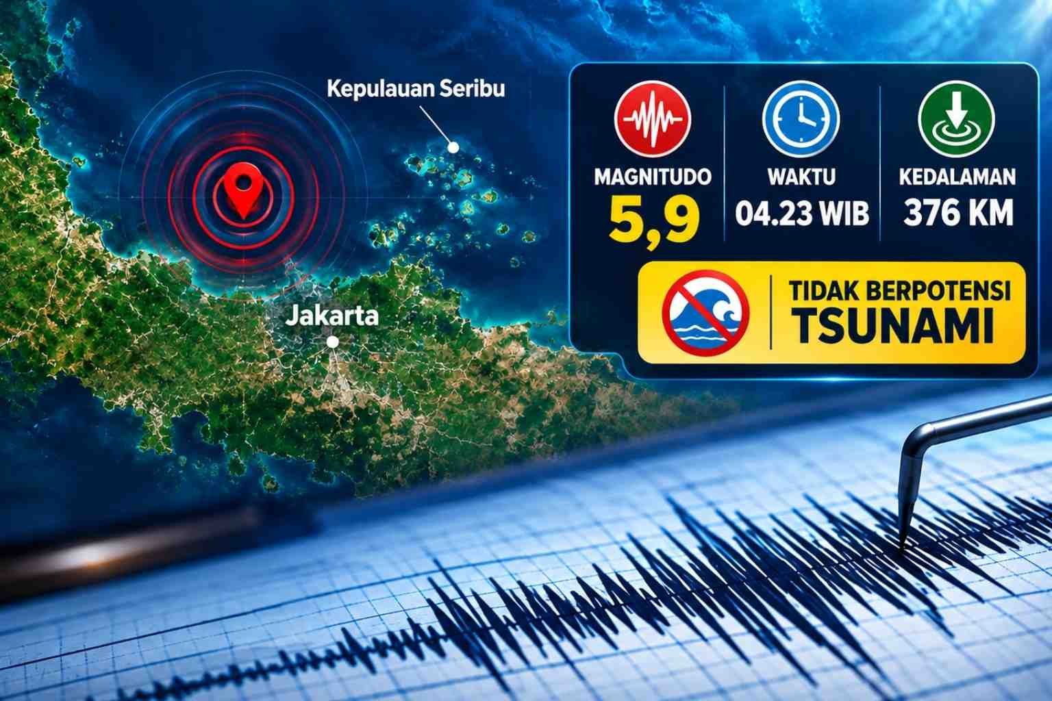 Gempa M5,9 mengguncang Kepulauan Seribu pada Sabtu pukul 04.23 WIB dengan kedalaman 376 km dan tidak berpotensi tsunami menurut BMKG.