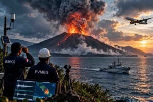 Gunung Anak Krakatau erupsi kolom abu tebal di Selat Sunda, dipantau petugas BMKG dan PVMBG serta sistem sensor pemantauan tsunami, dengan kapal pemantau dan pesawat di sekitar kawasan.