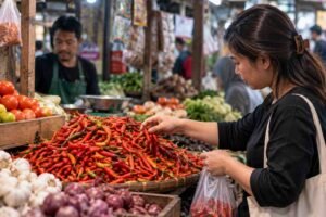 Aktivitas jual beli cabai di pasar tradisional di tengah pergerakan harga pangan. Perubahan harga komoditas hortikultura turut memengaruhi belanja rumah tangga dan biaya usaha kuliner.