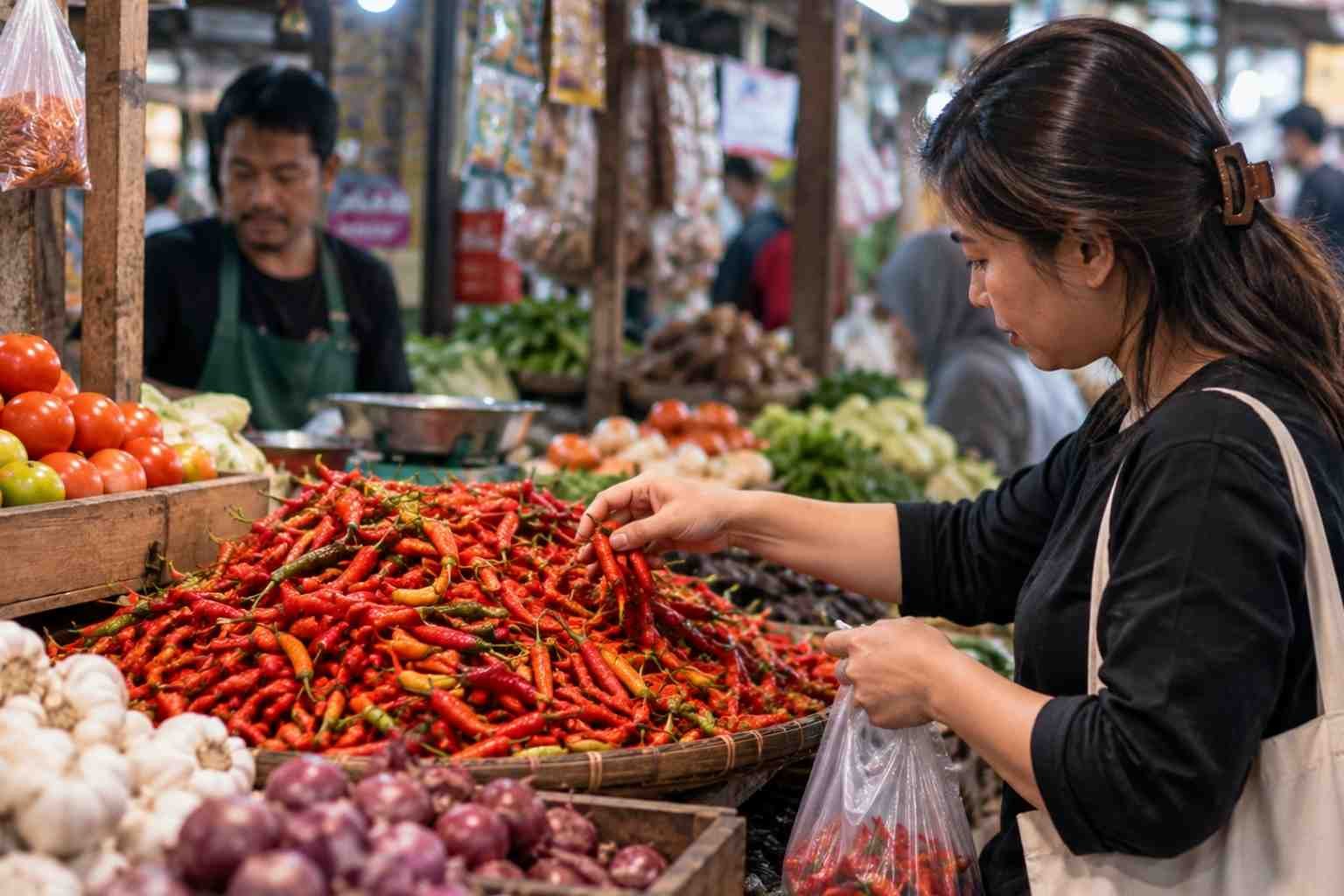 Aktivitas jual beli cabai di pasar tradisional di tengah pergerakan harga pangan. Perubahan harga komoditas hortikultura turut memengaruhi belanja rumah tangga dan biaya usaha kuliner.