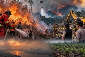 Karhutla menghanguskan hutan dan lahan, sementara petugas melakukan pemadaman dan aparat menindak lahan bekas kebakaran yang diduga dialihfungsikan menjadi perkebunan sawit.