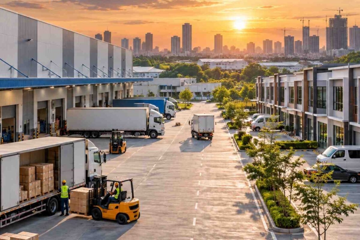 Kawasan pergudangan modern dengan aktivitas distribusi truk dan forklift serta deretan ruko komersial di kawasan bisnis.