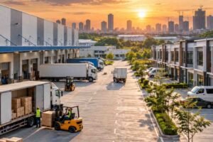 Kawasan pergudangan modern dengan aktivitas distribusi truk dan forklift serta deretan ruko komersial di kawasan bisnis.