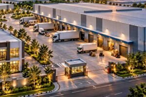 Kawasan pergudangan modern dengan aktivitas truk, forklift, pekerja, dan deretan unit komersial saat matahari terbenam.