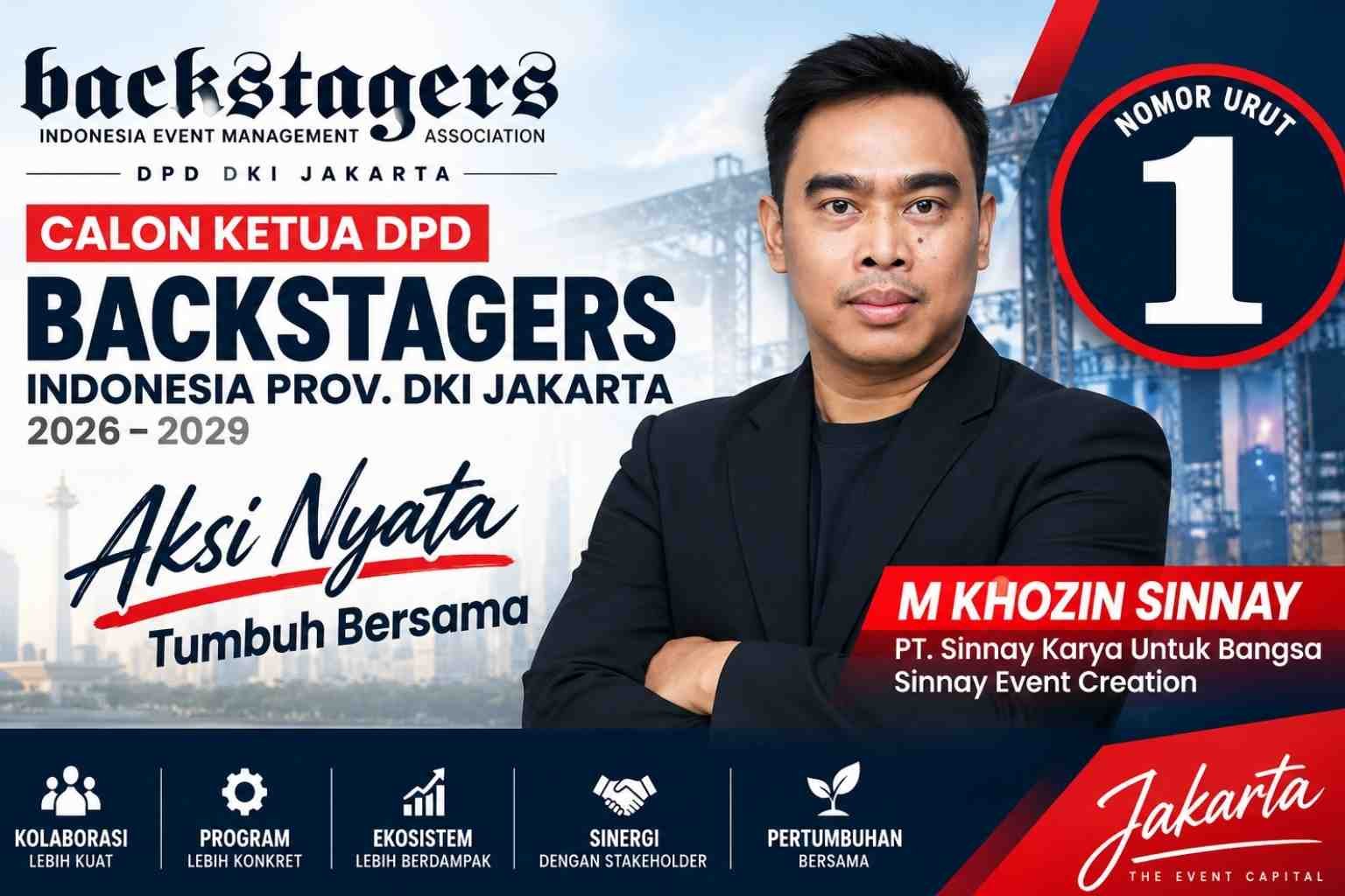 M Khozin Sinnay calon Ketua DPD Backstagers Indonesia Provinsi DKI Jakarta nomor 1 periode 2026–2029 dengan visi Aksi Nyata Tumbuh Bersama