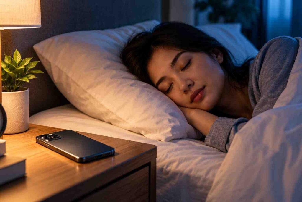 Ilustrasi HP di samping kepala saat tidur pada malam hari