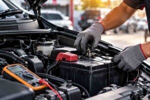 Aki mobil mengalami penurunan daya sehingga kendaraan sulit dinyalakan, dengan ilustrasi pemeriksaan sistem kelistrikan dan alternator mobil.
