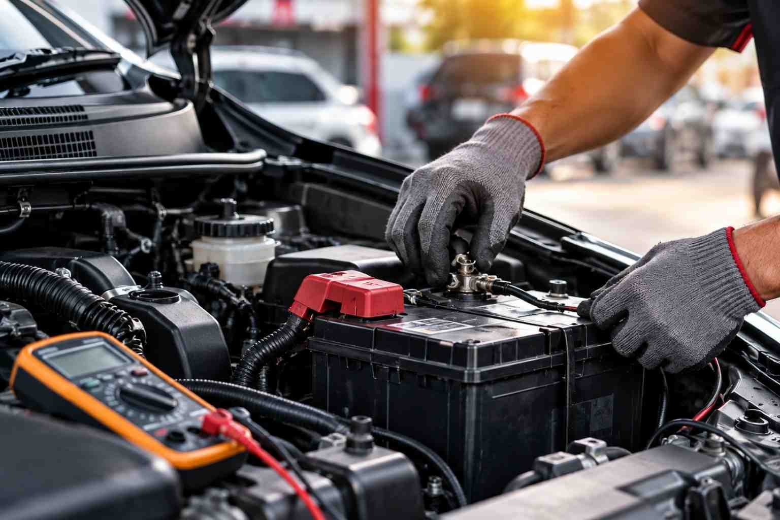 Aki mobil mengalami penurunan daya sehingga kendaraan sulit dinyalakan, dengan ilustrasi pemeriksaan sistem kelistrikan dan alternator mobil.