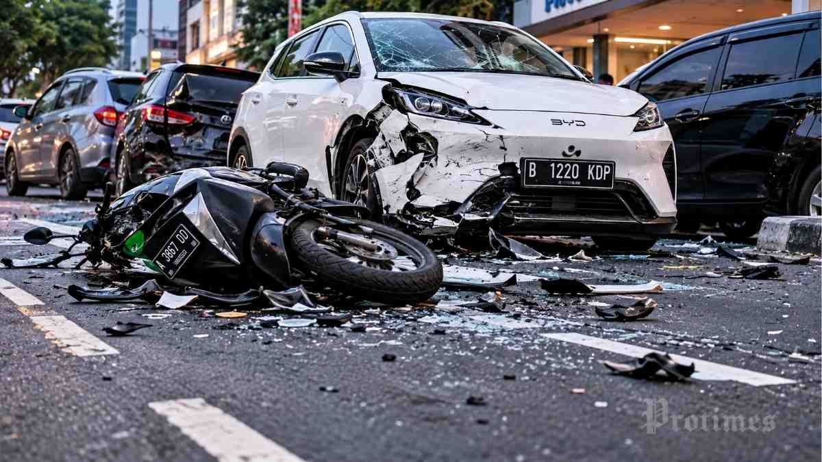 Kecelakaan mobil listrik BYD Atto 1 yang menabrak sejumlah kendaraan di Jalan Panglima Polim, Blok M, Jakarta Selatan.