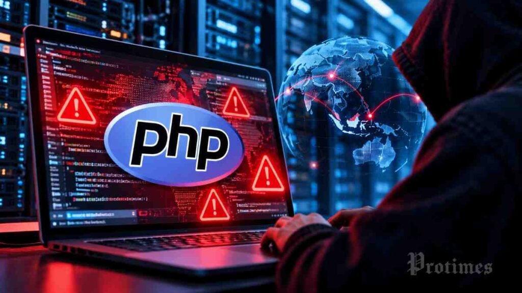 Ilustrasi keamanan server website menghadapi kerentanan kritis PHP2Shell.