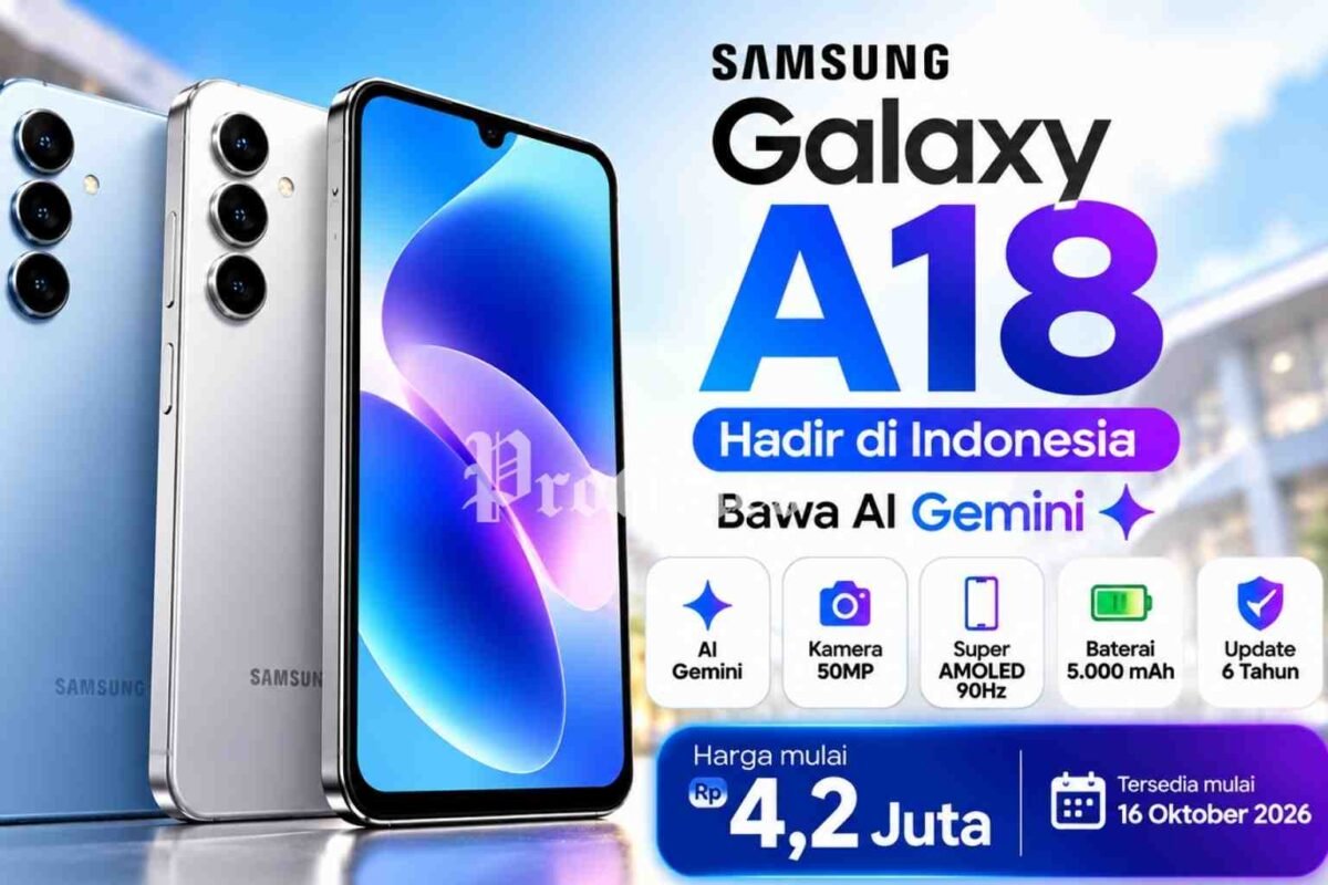 Samsung Galaxy A18 smartphone terbaru Samsung dengan AI Gemini dan kamera 50MP.