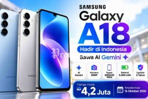 Samsung Galaxy A18 smartphone terbaru Samsung dengan AI Gemini dan kamera 50MP.