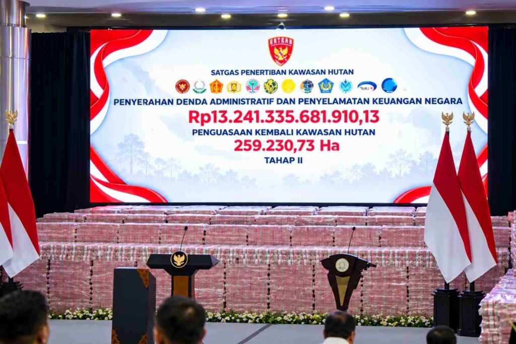 Satgas PKH menyerahkan denda administratif dan penyelamatan keuangan negara Rp13,24 triliun serta menguasai kembali 259.230,73 hektare kawasan hutan.