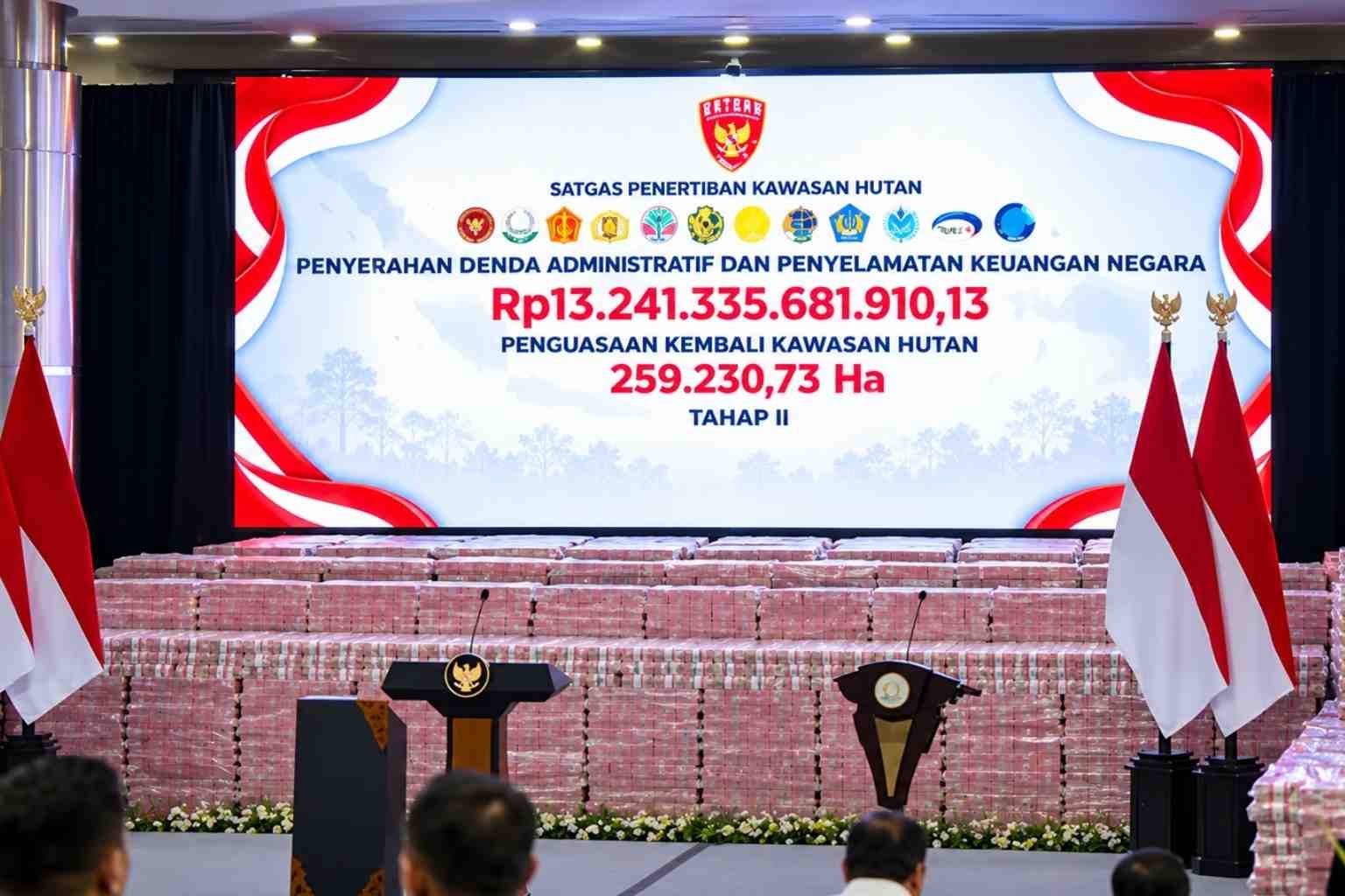 Satgas PKH menyerahkan denda administratif dan penyelamatan keuangan negara Rp13,24 triliun serta menguasai kembali 259.230,73 hektare kawasan hutan.