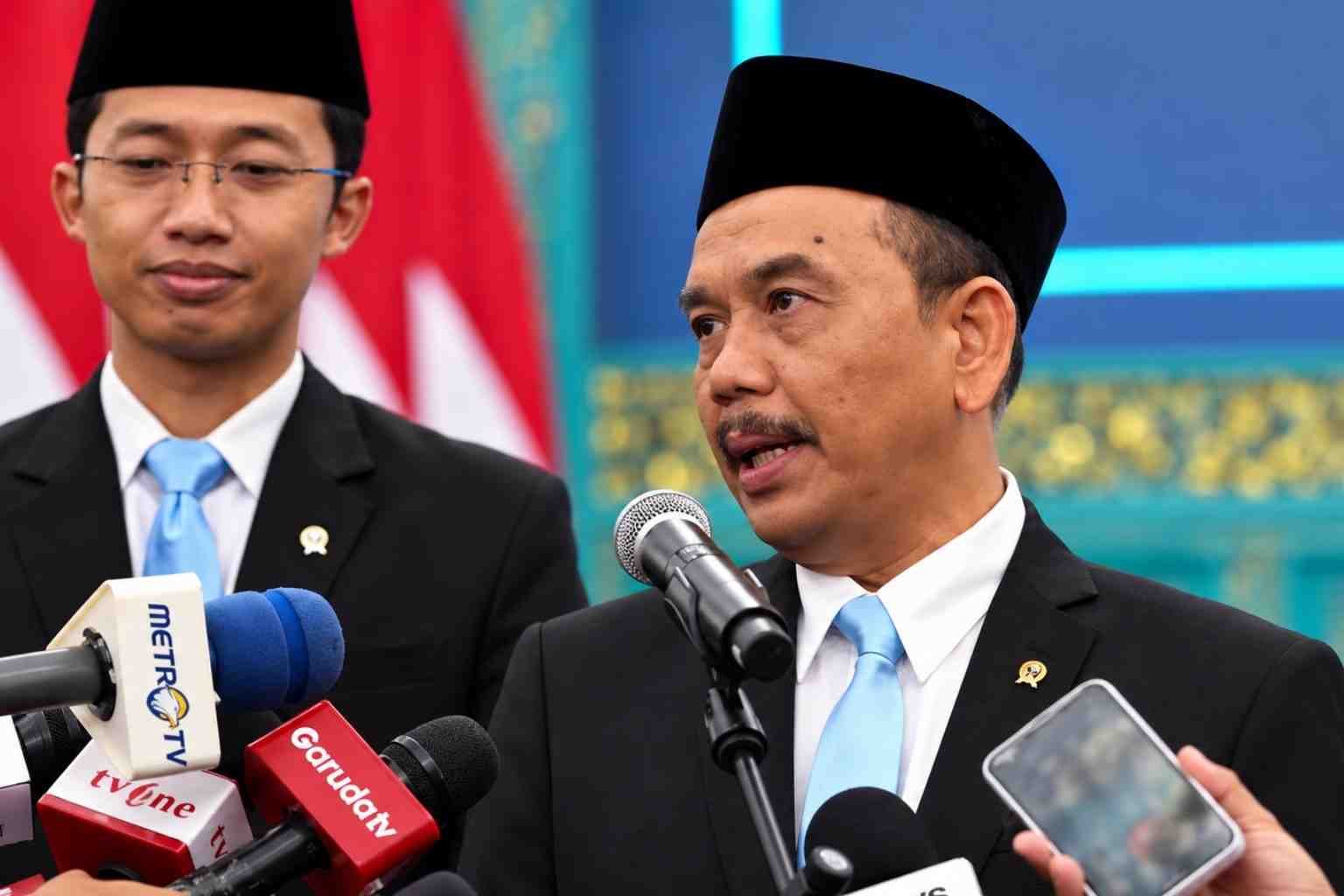 Syahganda Nainggolan memberikan keterangan kepada wartawan usai dilantik sebagai Kepala Badan Komunikasi Pemerintah, didampingi Wakil Kepala Fadli Tri Hartono.