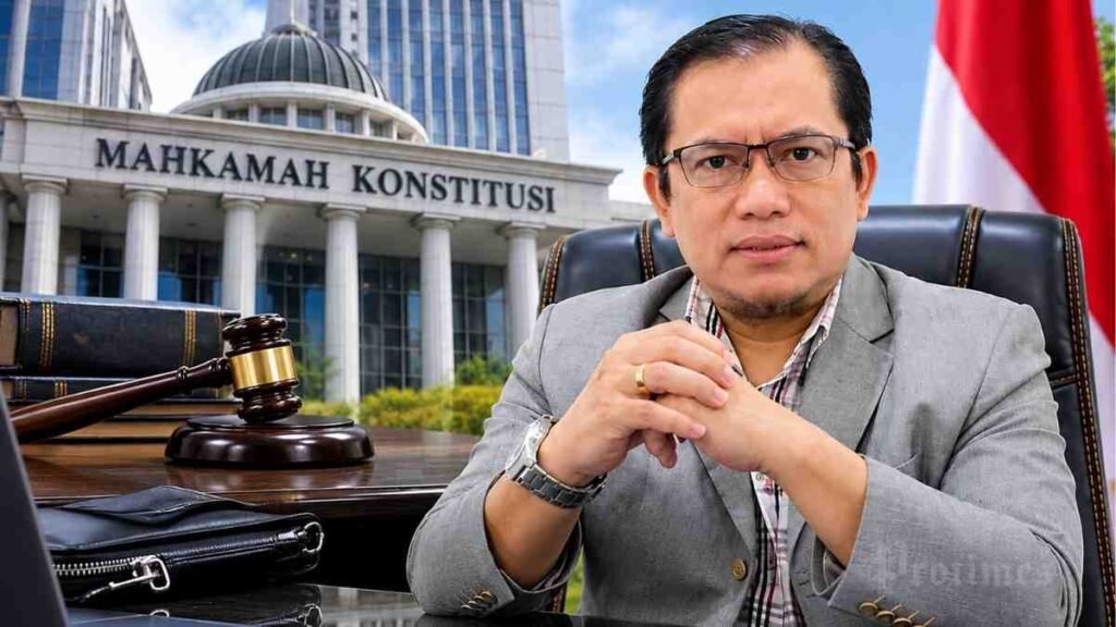 Iwan Saputra, S.H., M.H., akademisi dan praktisi hukum, duduk di ruang kerja dengan latar belakang Gedung Mahkamah Konstitusi, ilustrasi palu hakim, dan buku hukum terkait pembaruan peradilan militer.